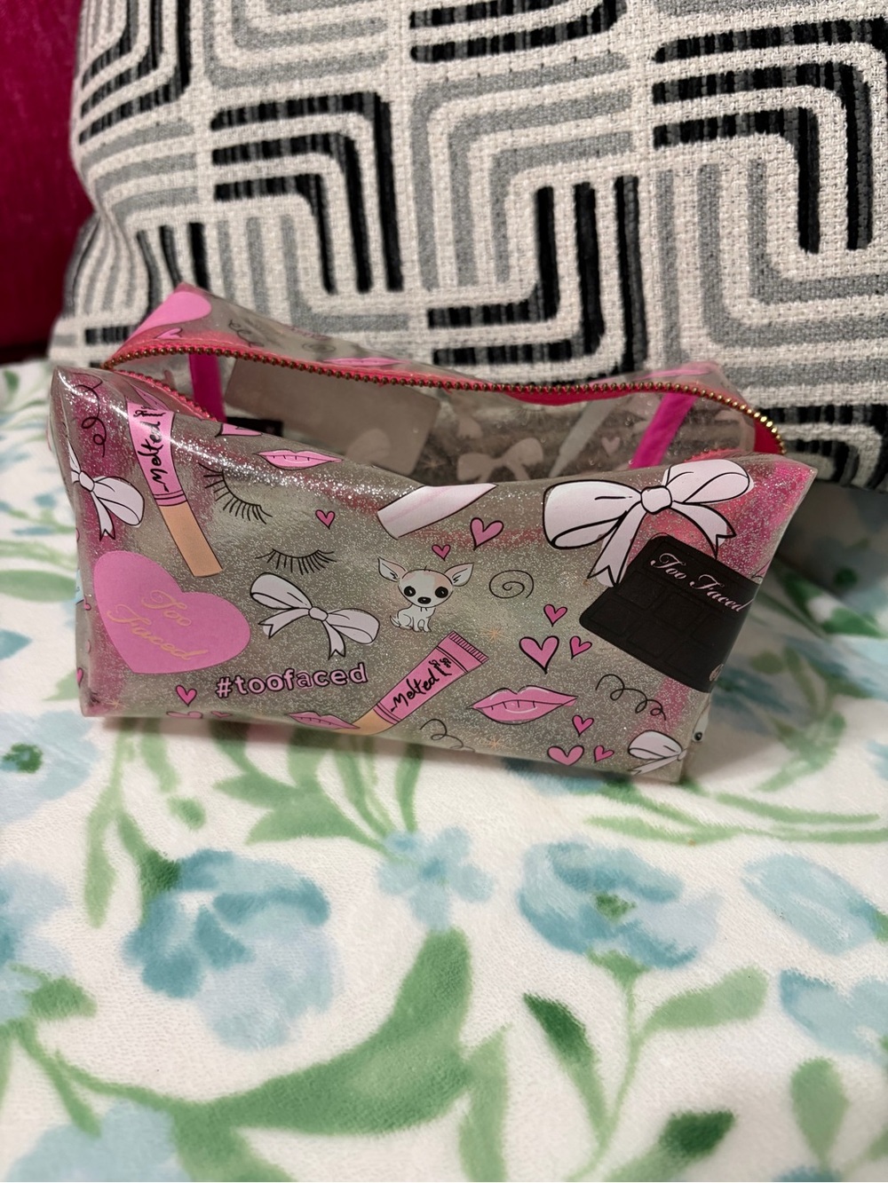 Too Faced Pink Glitter Kids Makeup Pouch with Playful Graphics